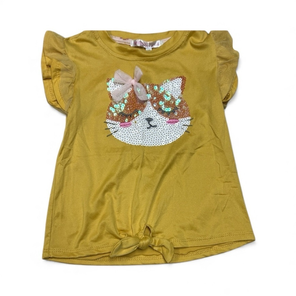 Sequin Cat Kids Tee - Mustard